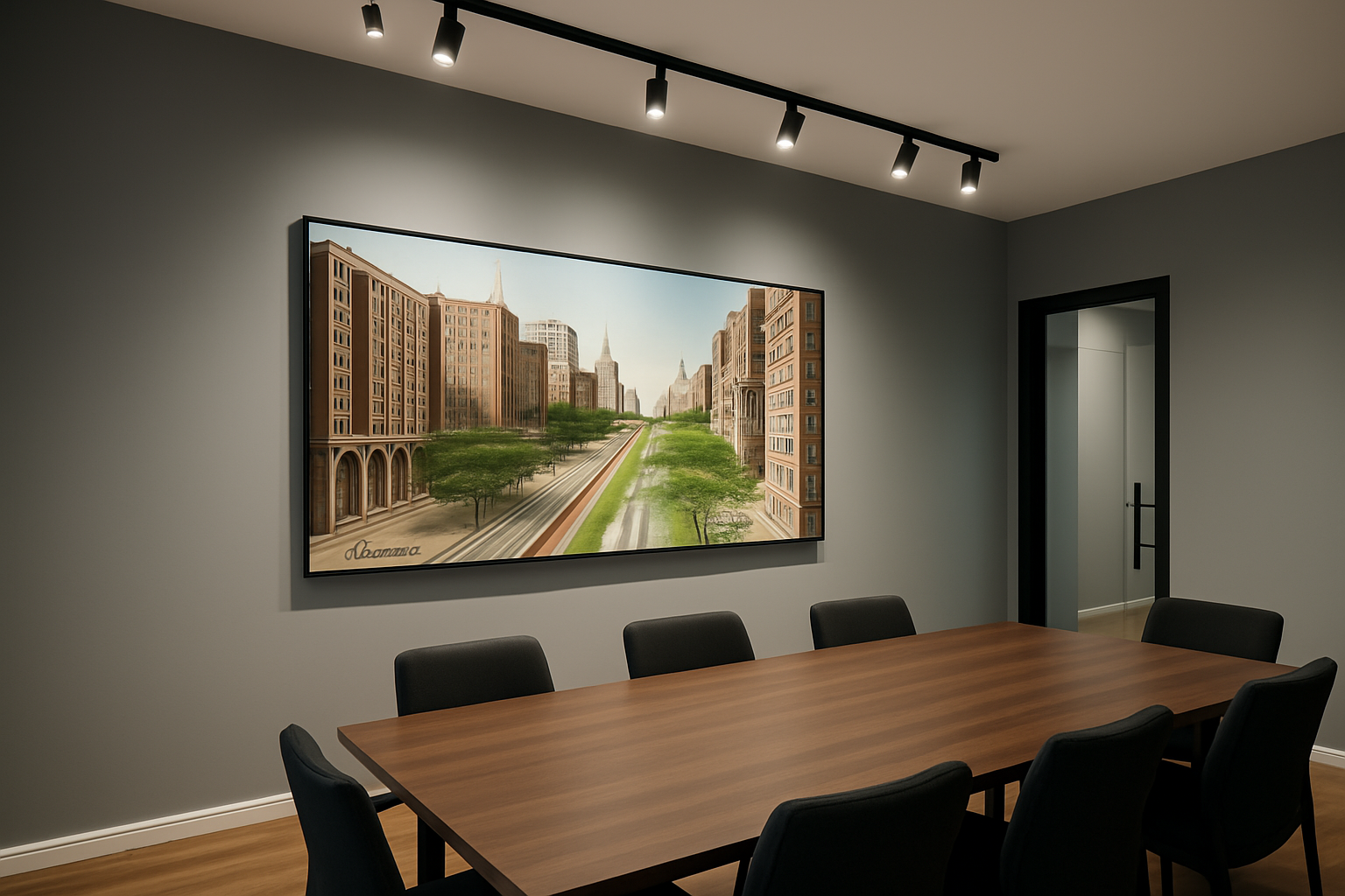 Vista geral da sala com quadro decorativo